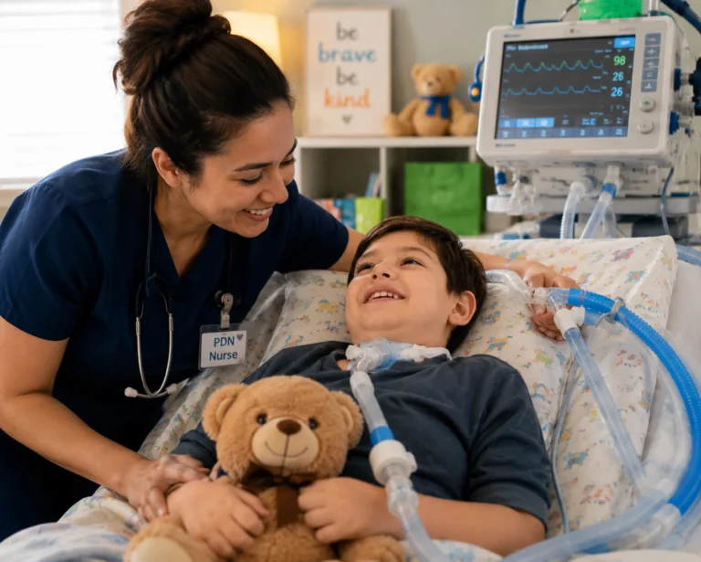 Pediatric private duty nurse smiling beside a child with a tracheostomy and ventilator in a warm home care setting.
