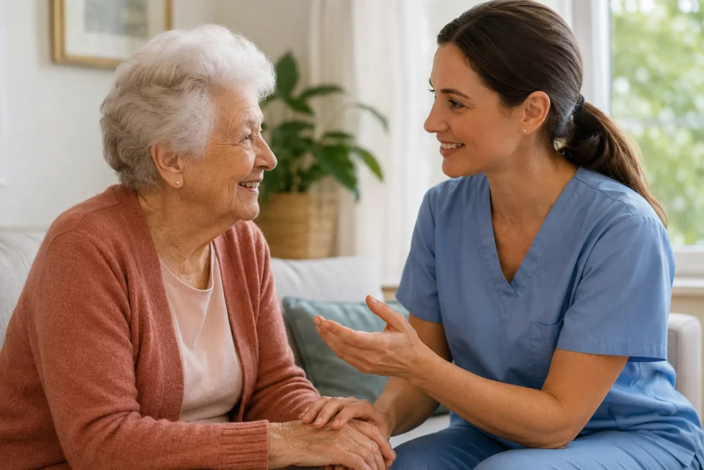 Caregiver smiling while communicating with an older adult living with Alzheimer’s