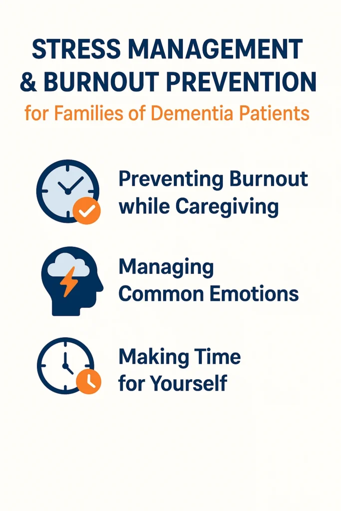 Infographic about stress management and burnout prevention for families of dementia patients