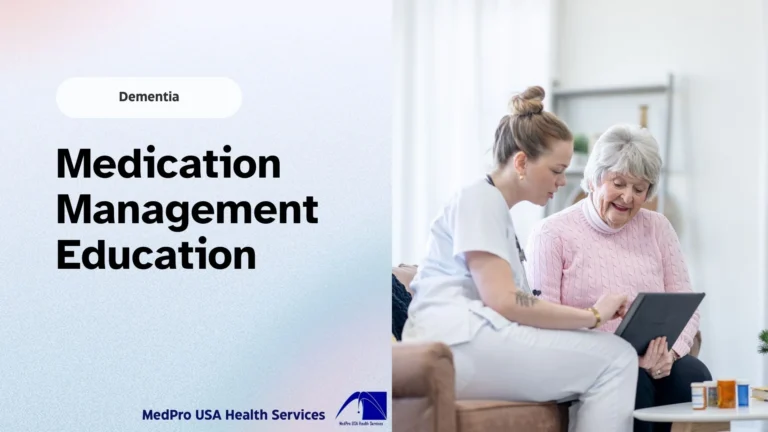 Nurse providing medication management education to an older adult with dementia