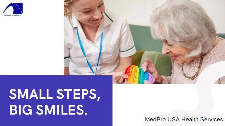 Caregiver supporting an older adult with dementia during a simple activity at home
