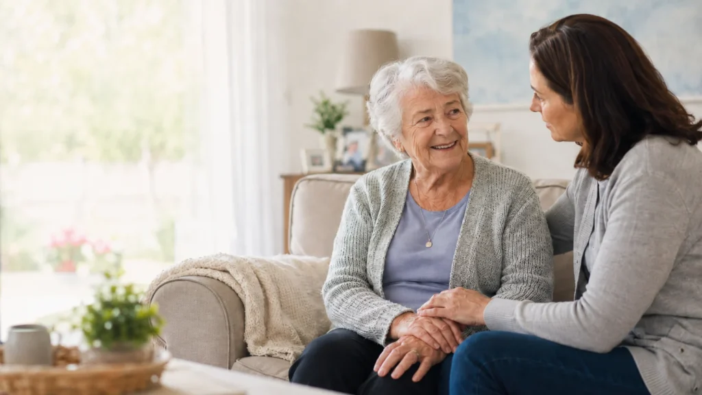 Family caregiver calmly supporting an older adult while responding to dementia-related behavior