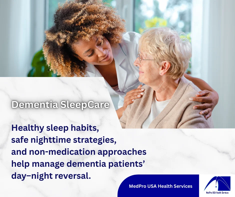 Caregiver supporting an older adult to represent sleep reversal care strategies for dementia patients